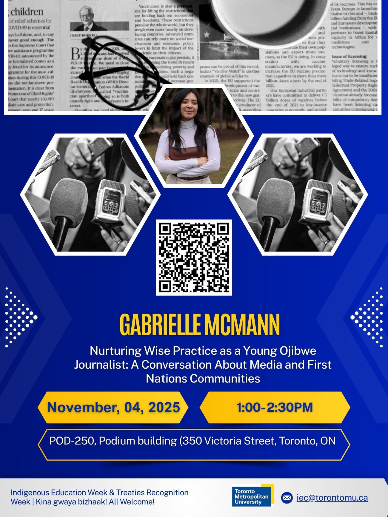 A poster showing Gabrielle McMann, as well as pictures of press microphones and a newspaper against a blue background. Text shows event details as written above.