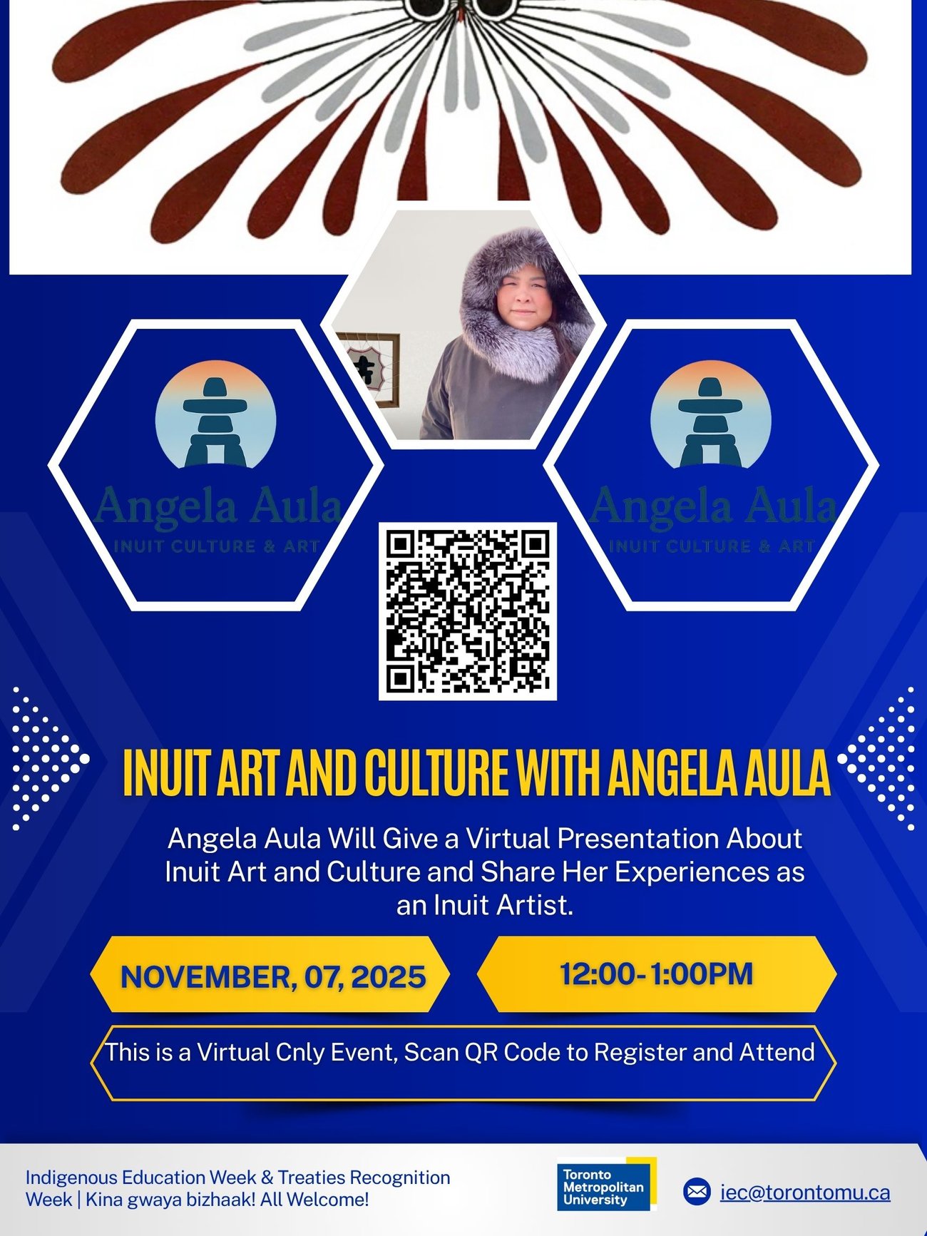 A poster featuring Angela Aula, alongside images of several pieces of Inuit art. Text shows event details as written above. 