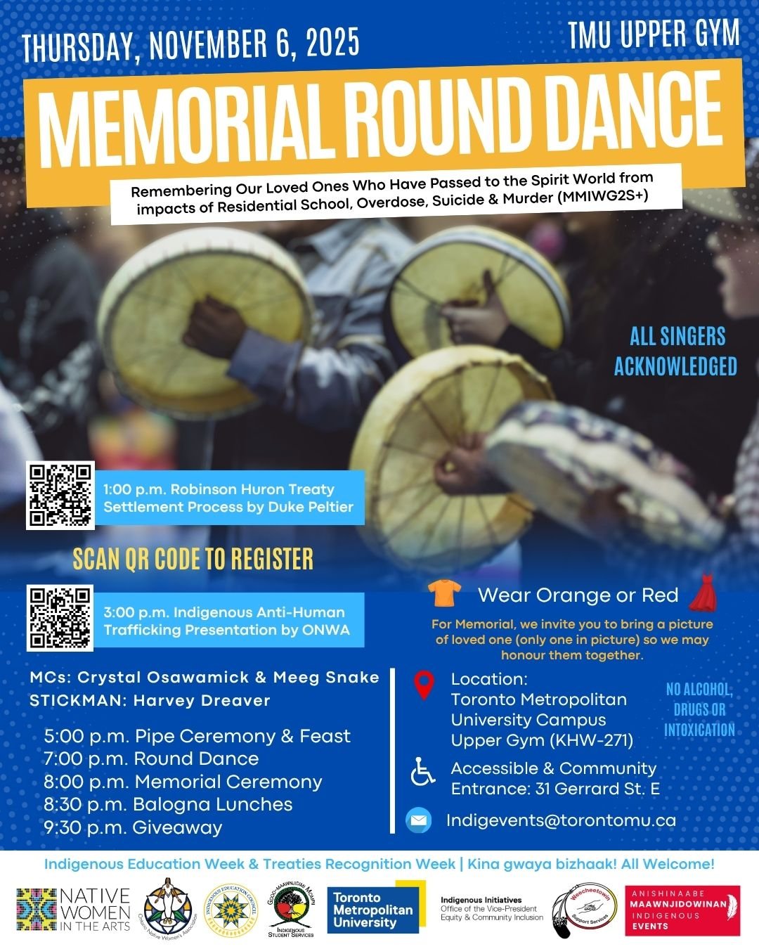 Figures drumming and singing at a round dance. Text shows extensive event detail and partner organizations as available on the registration page.