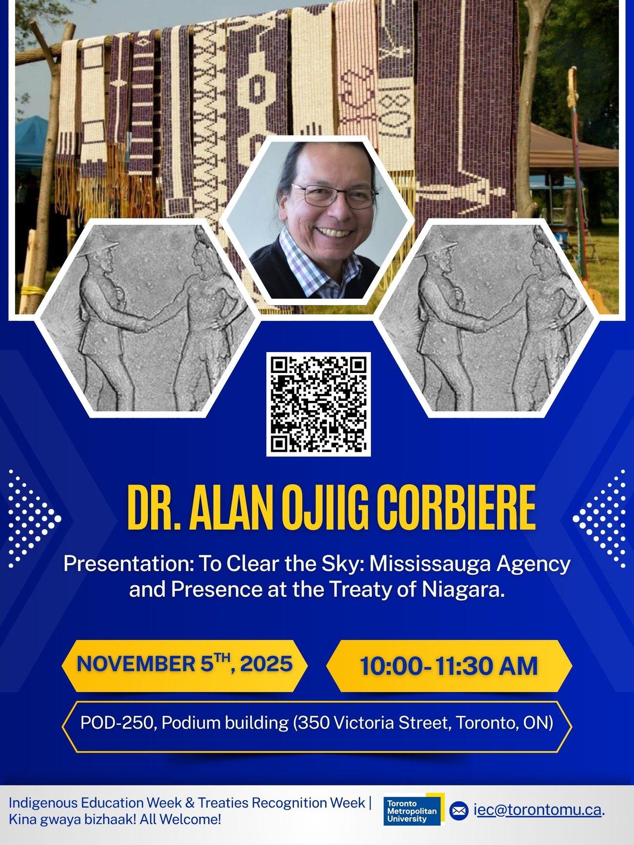 A poster showing Dr. Alan Ojiig Corbiere against a backdrop of pictures of hanging wampum belts on a blue background. Text shows event details as written above.