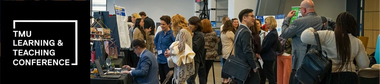 People stand around presentation tables in the foyer of the DCC building at the 2025 Learning and Teaching Conference.