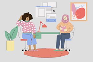 Cartoon illustration of two characters sitting on office chairs in from of a desk with computer screens in the background.