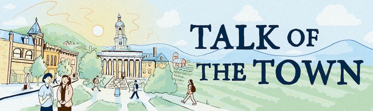 An illustration of people in front of downtown buildings, Old Main, farmland, and mountains next to the words Talk of the Town.