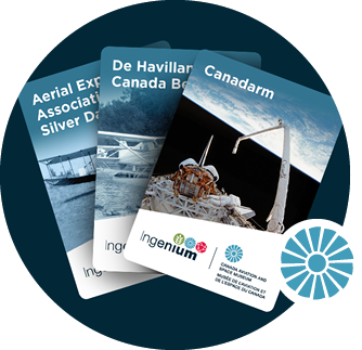 A dark blue circle frames three trading cards: one with a snowy landscape, another with the Canadarm in space, and a third with a De Havilland Canada Beaver floatplane. 