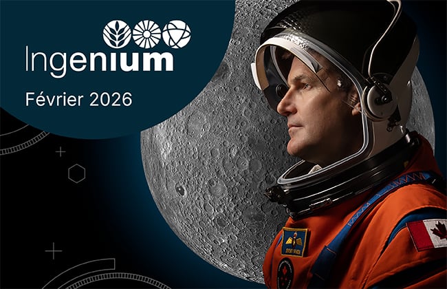 L'astronaute Jeremy Hansen porte une combinaison spatiale orange au premier plan. Derrière lui se trouve une image de la Lune. Dans le coin supérieur gauche figurent le logo Ingenium et les mots « février 2026 ».