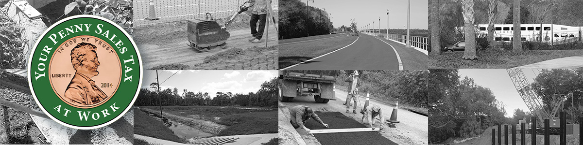 Photo of several penny sales tax projects in the work colored in black and white, with the penny sales tax sign over it Photo of several penny sales tax projects in the work colored in black and white, with the penny sales tax sign over it