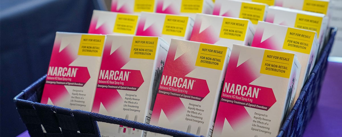 container filled with Narcan boxes
