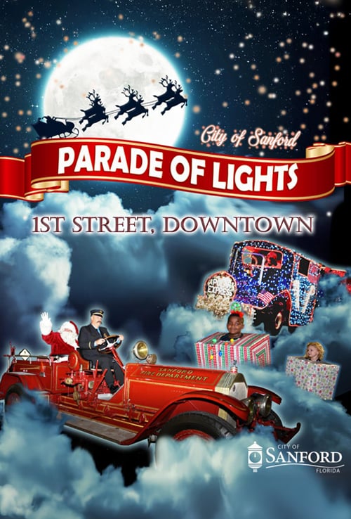 starry night scene with silhouette of santa and reindeer, a banner, and lighted Christmas vehicles