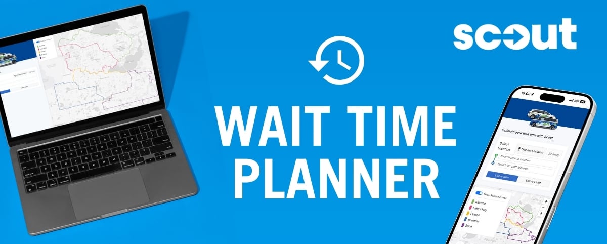 blue background with laptop and phone screen, clock icon and scout logo
