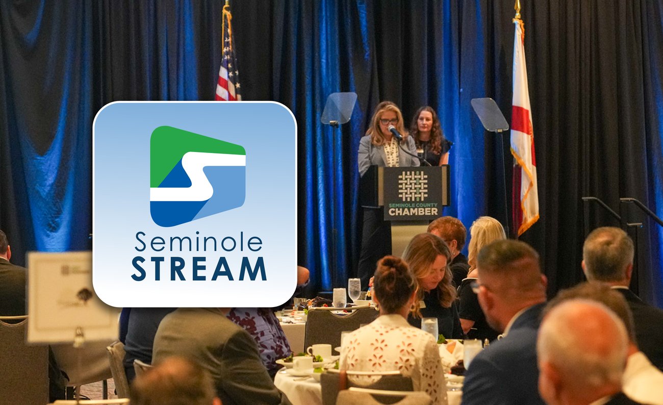 State of the county presenter at podium with Seminole Stream logo State of the county presenter at podium with Seminole Stream logo