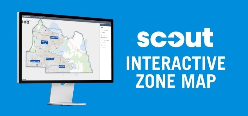 Computer screen showing Interactive map, with Scout Logo and text saying "Interactive Zone Map" Computer screen showing Interactive map, with Scout Logo and text saying "Interactive Zone Map"