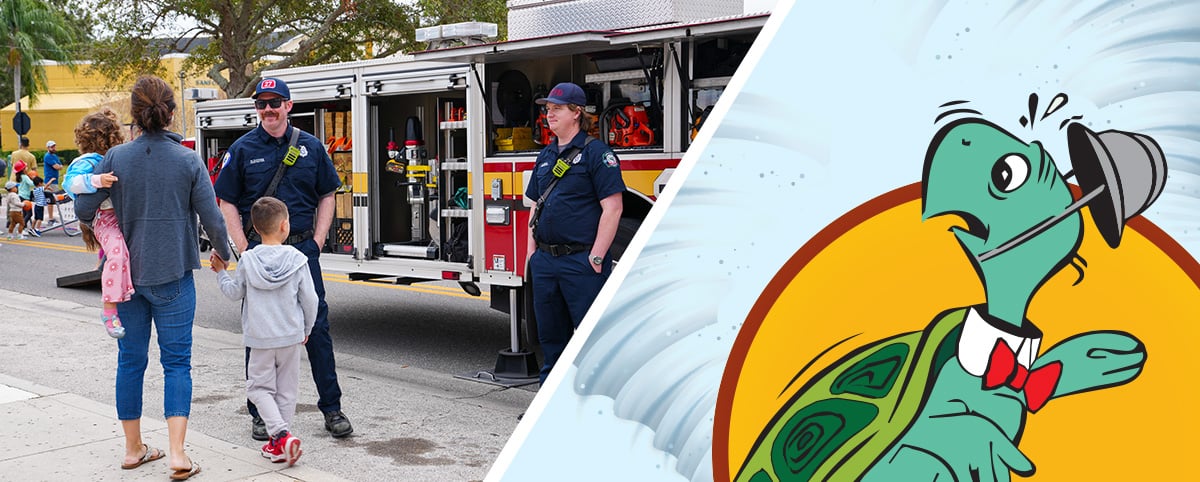 Split photo of family talking with firefighters and Vert the turtle scared from a tornado Split photo of family talking with firefighters and Vert the turtle scared from a tornado