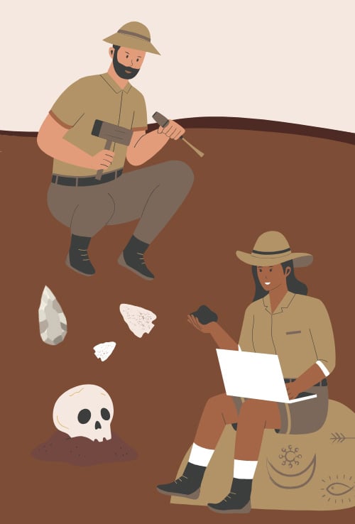 Illustrative Archaeologist studying dirt and finds