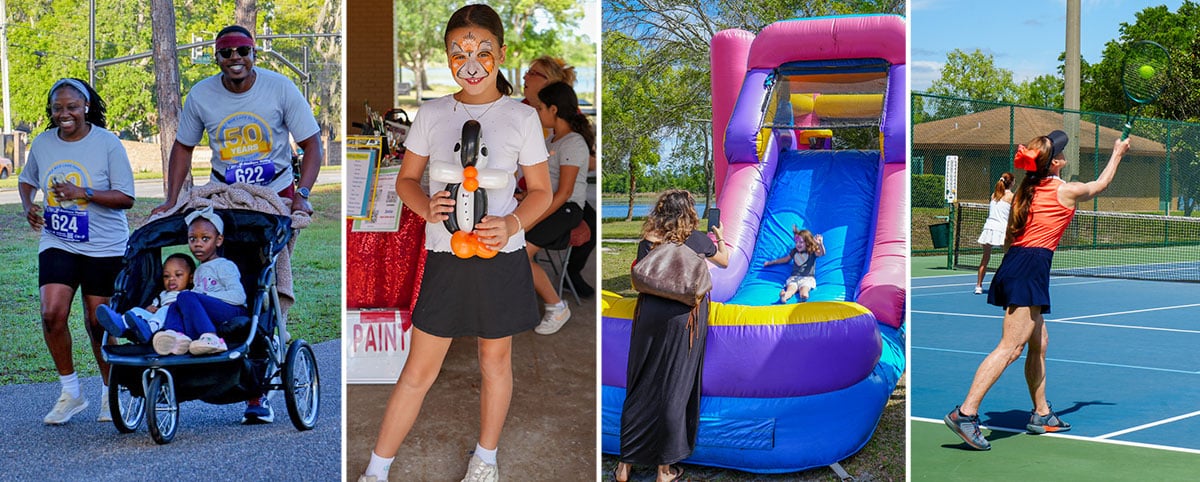 collage of family running, girl with face paint and balloon animal, girl on inflatable slide, and woman playing tennis collage of family running, girl with face paint and balloon animal, girl on inflatable slide, and woman playing tennis