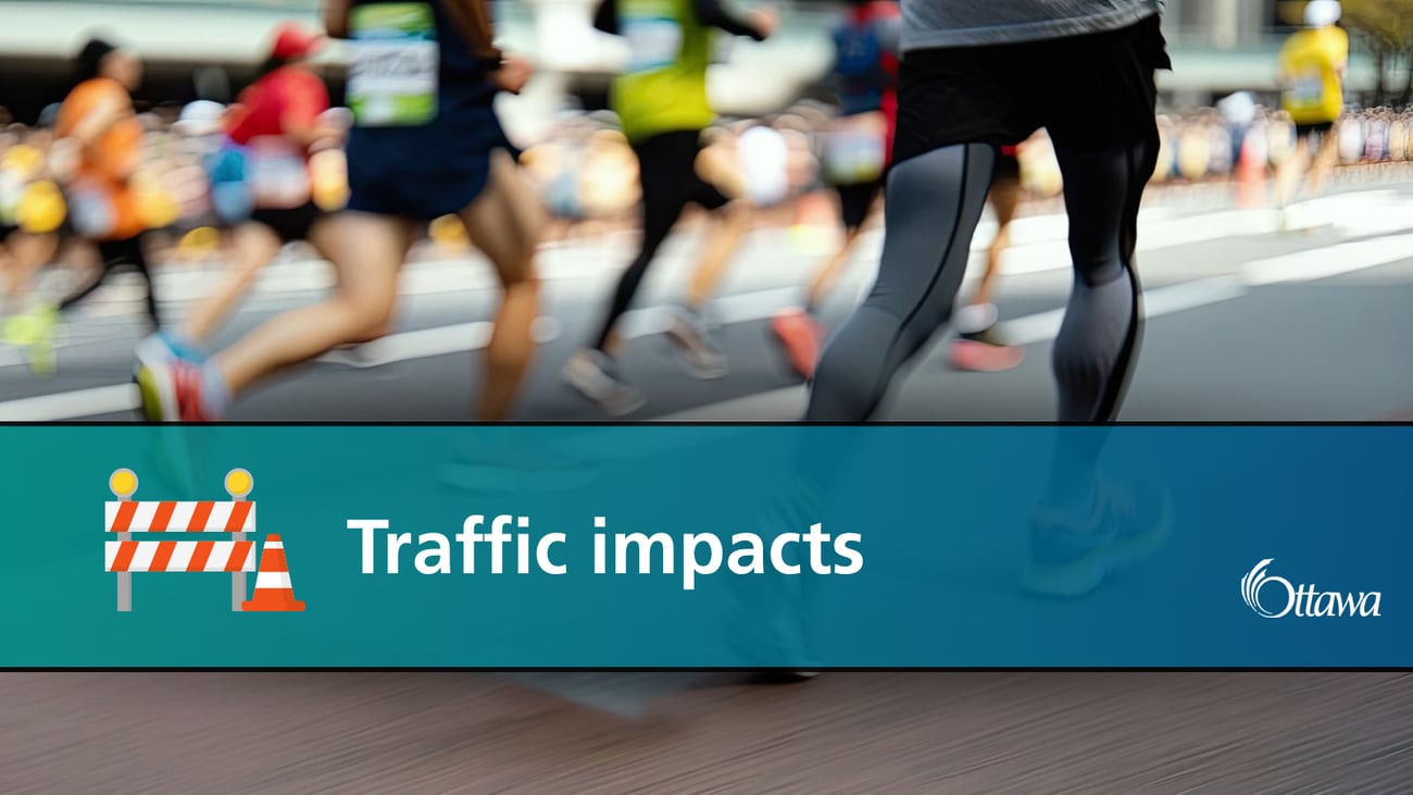 A background image of runners on a city street. Traffic impacts is written on a blue banner.