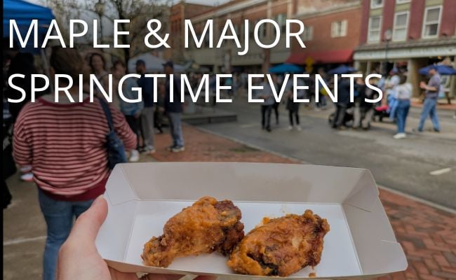 person holds up chicken wings against background of wing fest