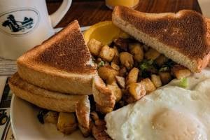 eggs, toast, home fries, and coffee