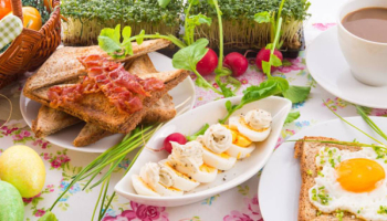 a table with eggs, toast, bacon, and coffee a table with eggs, toast, bacon, and coffee
