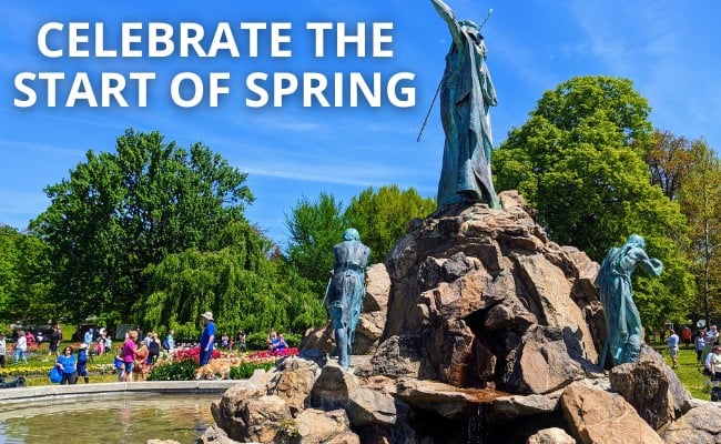 image of a fountain and statue in a park with the words Celebrate the Start of Spring in the upper left image of a fountain and statue in a park with the words Celebrate the Start of Spring in the upper left