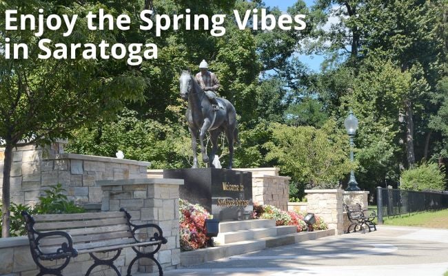 image of Saratoga horse and jockey statue and the words enjoy the spring vibes in Saratoga image of Saratoga horse and jockey statue and the words enjoy the spring vibes in Saratoga