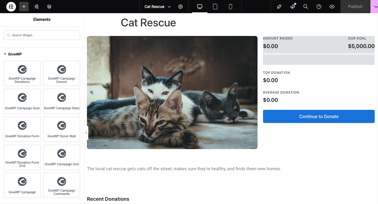 Campaign Page uses Elementor widgets