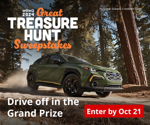 A 2025 Subaru Crosstrek drives over rough terrain. Text says: WTTW 2024
Great Treasure Hunt Sweepstakes: Drive off in the Grand Prize. Enter by Oct 21