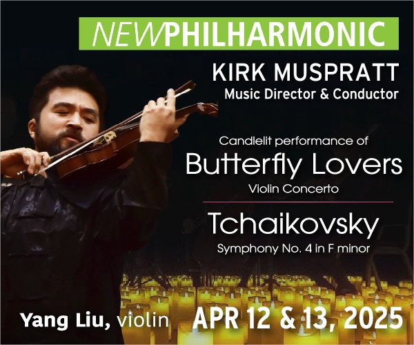 Ad: New Philharmonic: Butterfly Lovers, April 12 and 13 featuring Yang Liu, violin