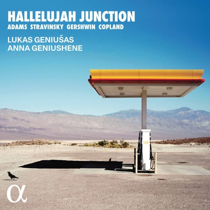 A deserted gas station with mountains in the background and bird on the cement