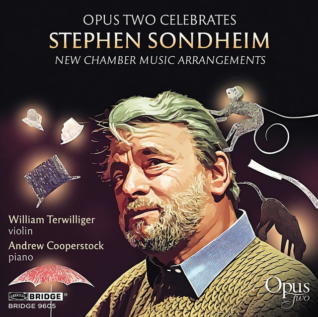 Stylized portrait of Stephen Sondheim with a monkey, a dog, a hat, and other thematic imaginary objects interspersed