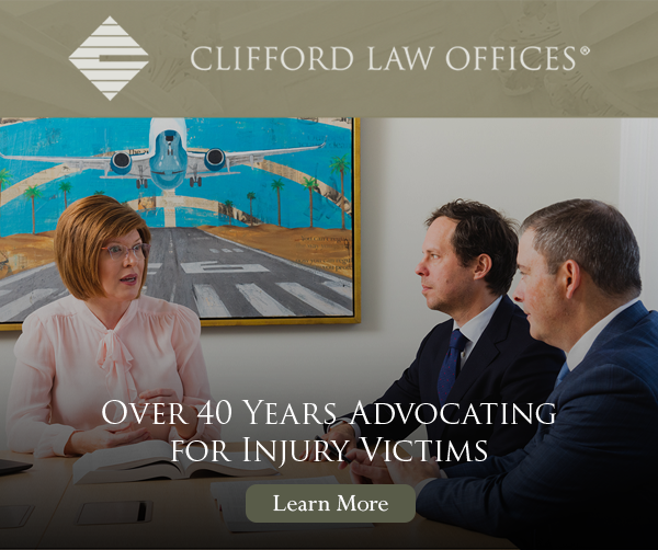 Ad: Clifford Law Offices - Over 40 Years Advocating for injury victims. Pictured: Three lawyers in a meeting