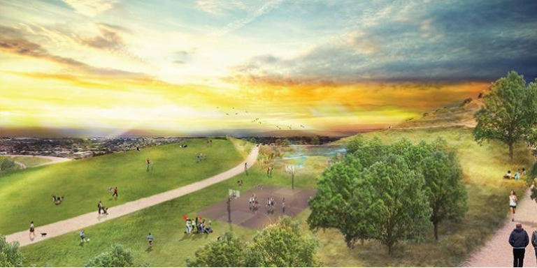 Illustrative rendering of a completed La Vista Park. The art shows a large grassy lawn cut through with a trail facing a sunset. Illustrative rendering of a completed La Vista Park. The art shows a large grassy lawn cut through with a trail facing a sunset.