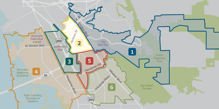 Map of the Hayward districts with District 2 highlighted. Map of the Hayward districts with District 2 highlighted.
