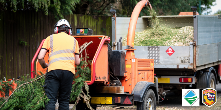 Image of a person putting a branch through a wood chipper with the Cal Fire and the California Climate Investments logos. Image of a person putting a branch through a wood chipper with the Cal Fire and the California Climate Investments logos.