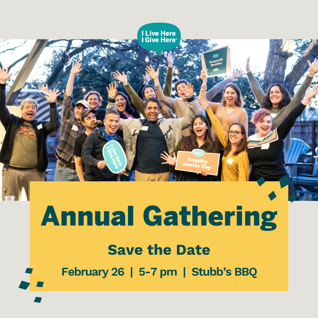 A group of people smiling and celebrating together. Text reads: Annual Gathering. Save the Date. February 26, 5-7 pm, Stubb's BBQ