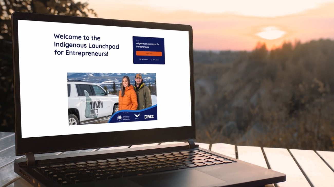 Laptop displaying Indigenous Launchpad for Entrepreneurs website, powered by Indigenous Prosperity Foundation, DMZ, and NACCA.