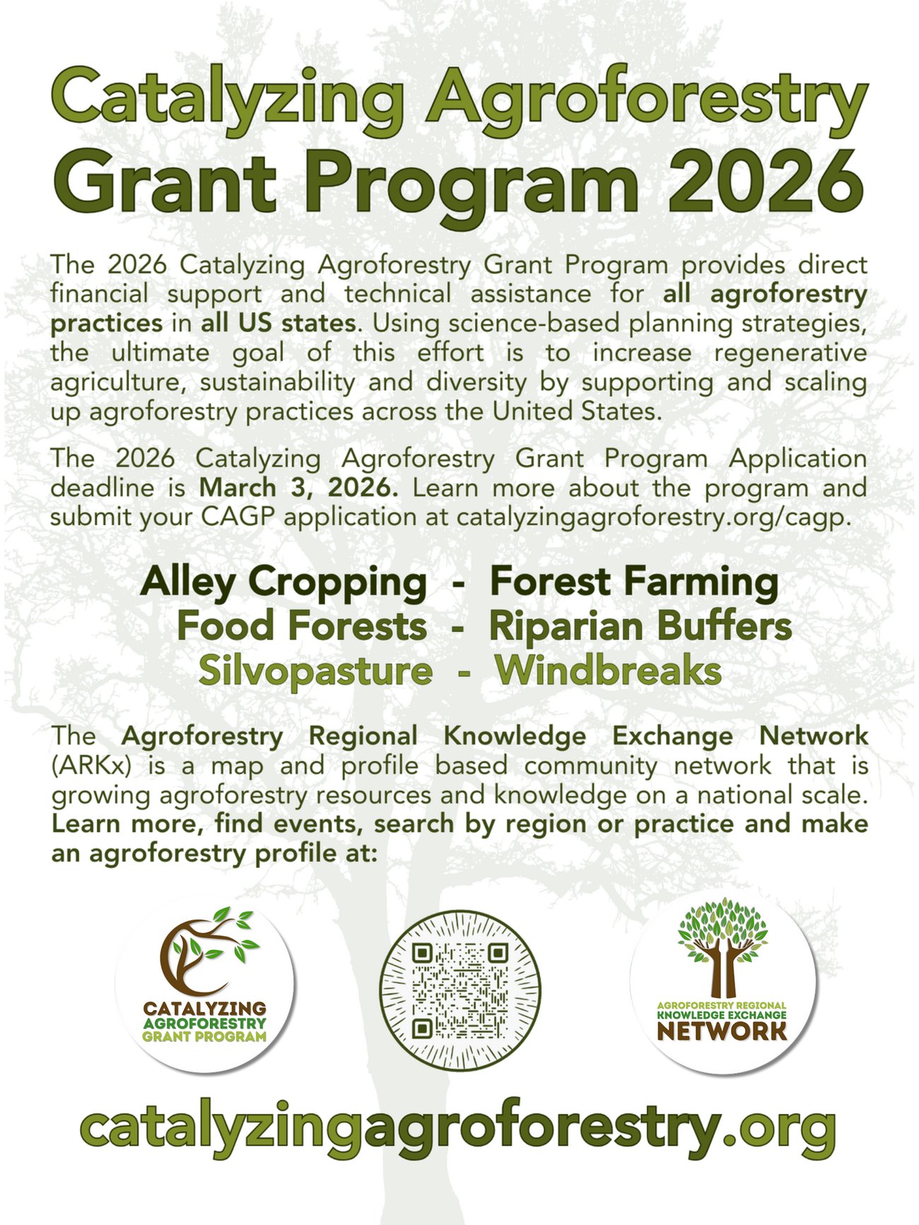 Image describing the CAGP program which provides direct support and technical assistance for all agroforestry practices in all US states. The deadline for applying is March 3, 2026
