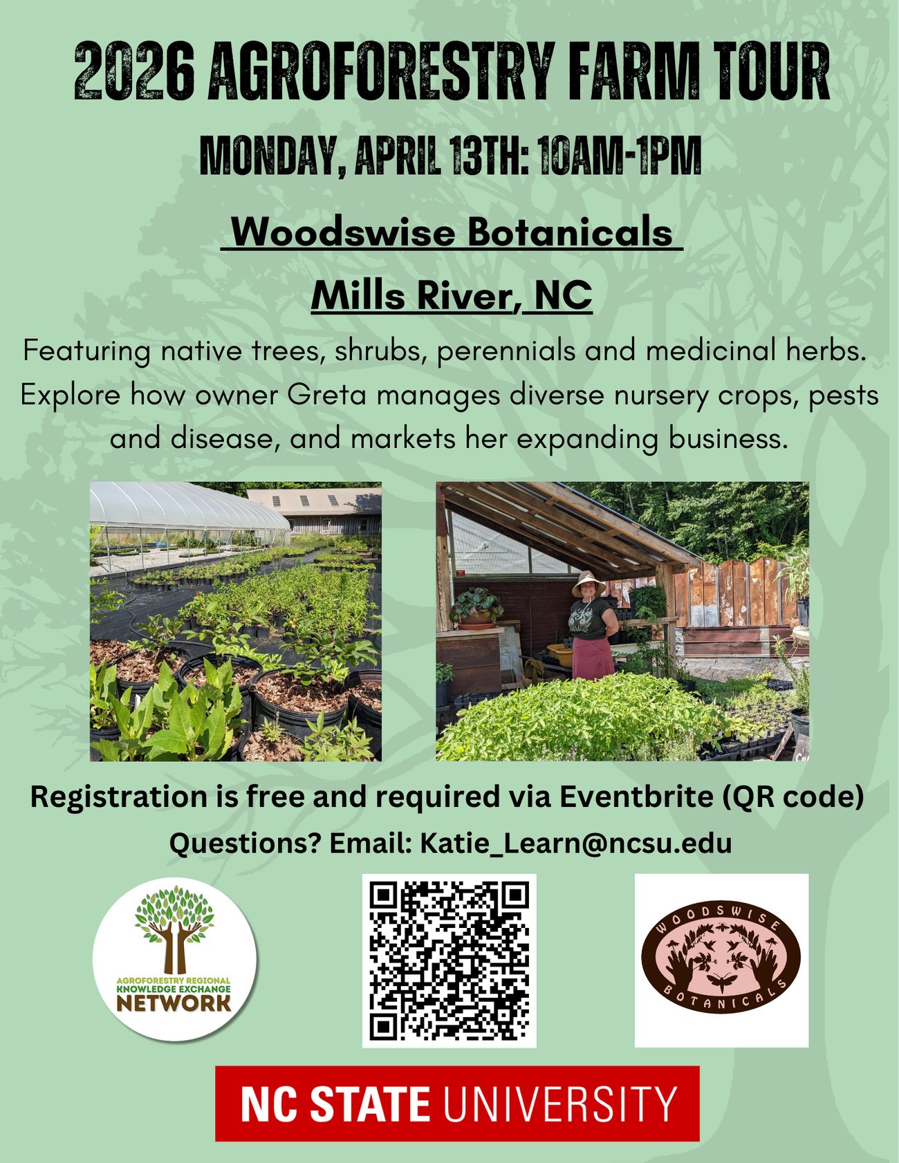 Flier for agroforestry farm tour at Woodswise Botanicals on April 13, 10am-1pm