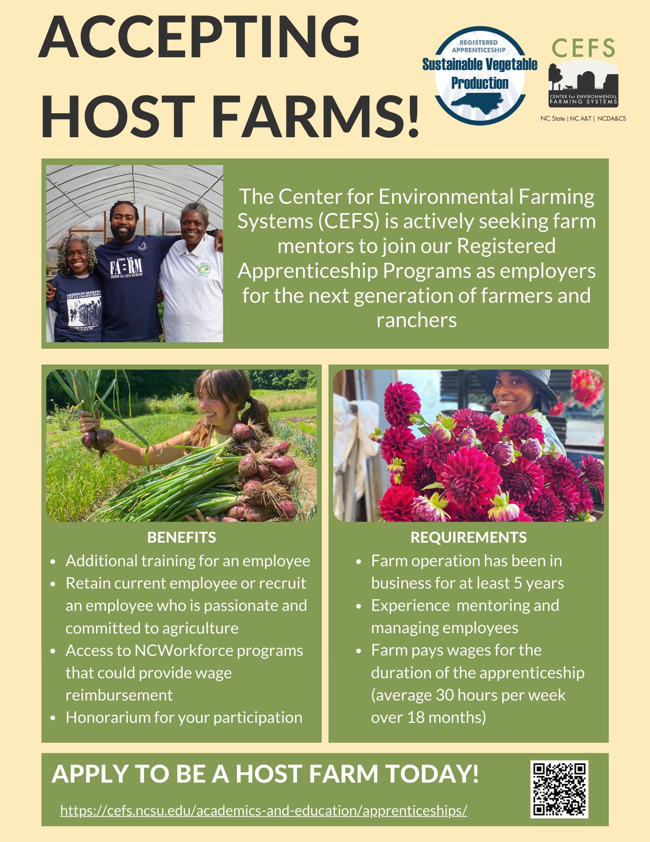 Flier for Center for Environmental Farming Systems seeking farem mentors to join the Registered Apprenticeship Program. 