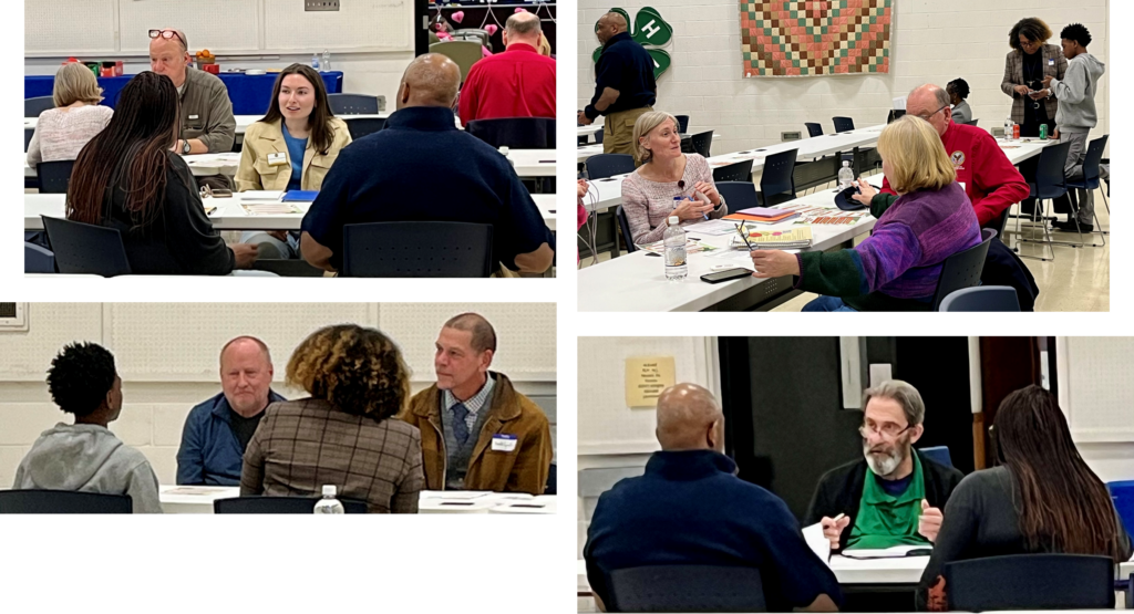 Photo from NC Cooperative Extension Guilford County Center Open House. People conversing and visiting information tables in the lobby. 