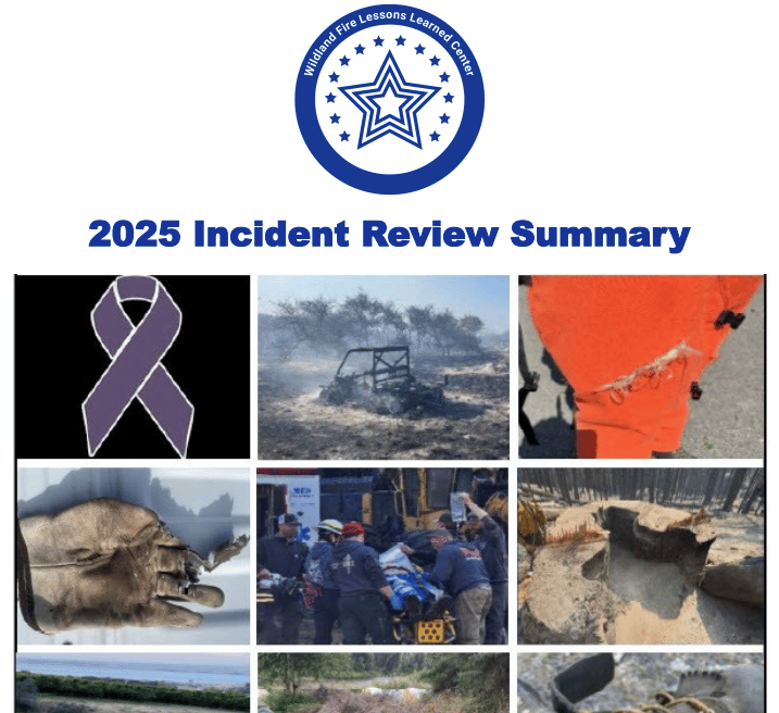 Logo for the Wildland Fire Lessons Learned Center above the title "2025 Incident Review Summary." Below the title is a grid of images depicting firefighting incidents, including a purple memorial ribbon, a burned vehicle, torn safety gear, and emergency personnel transporting a patient on a stretcher.