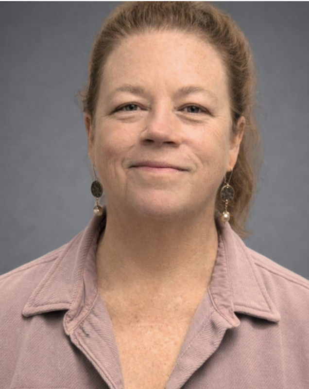 Debbie Roos Extension Agent, Agriculture - Sustainable Organic Production is wearing a mauve shirt, earrings with blonde hair pulled back, smiling with a neutral background.
