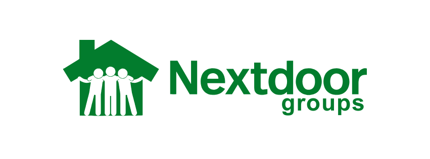 Nextdoor Groups written in green with a green shape house and three white people shape in front of the house, not official logo.
