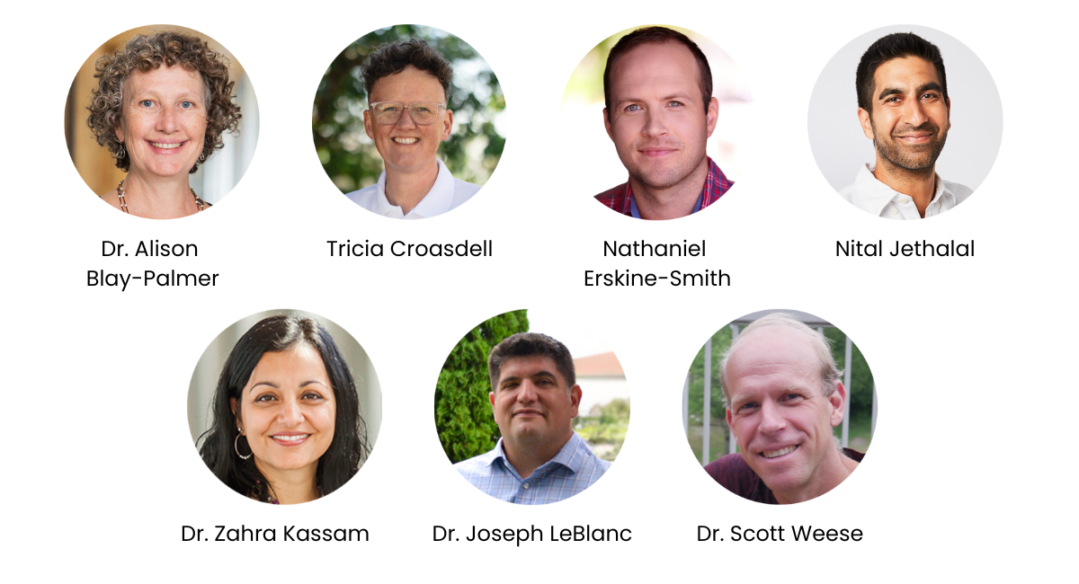 Images of Dr. Alison Blay-Palmer, Tricia Croasdell, Nathaniel Erskine-Smith, Nital Jethalal, Dr. Zahra Kassam, Dr. Joseph LeBlanc, Dr. Scott Weese