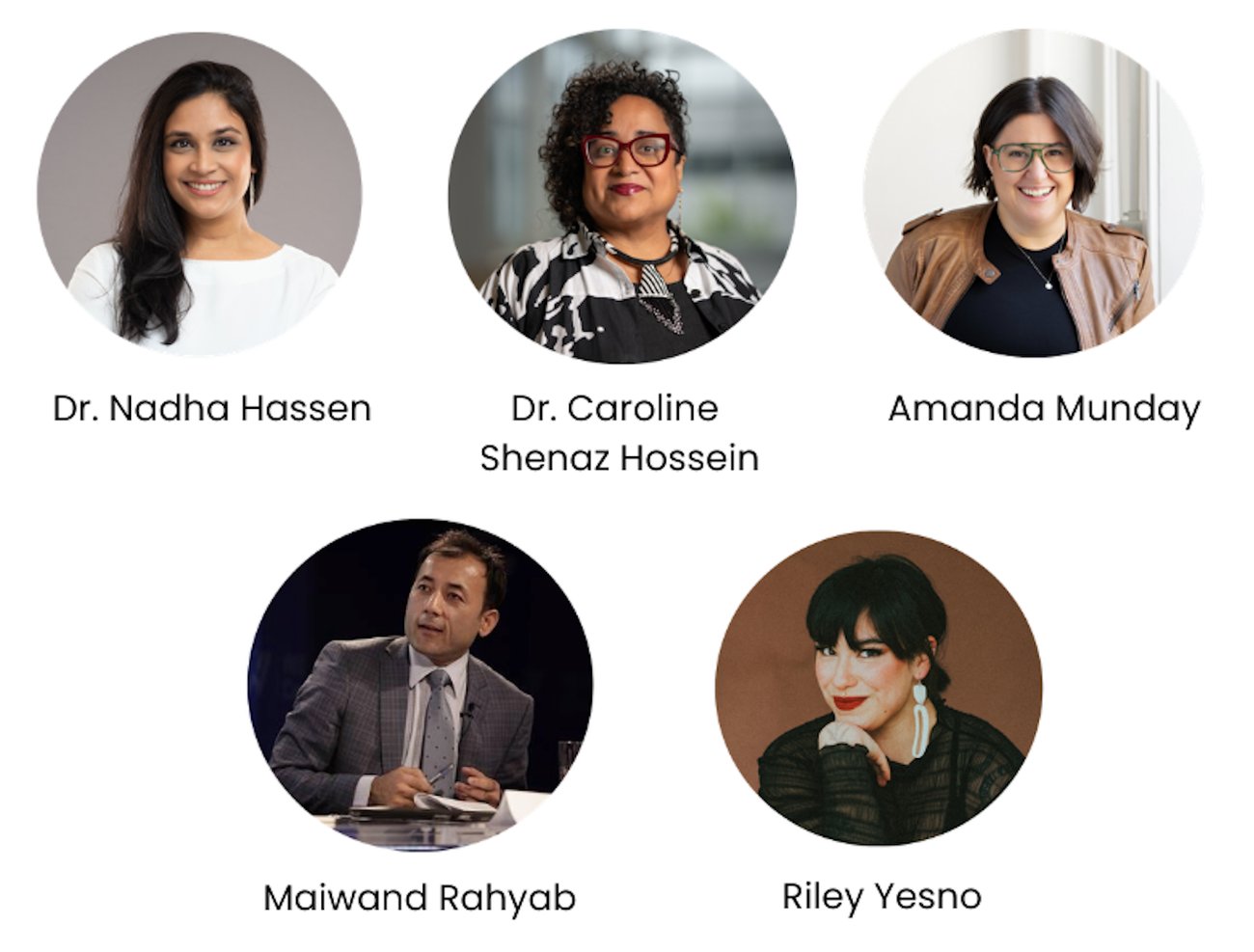 Images of Dr. Nadha Hassen, Dr. Caroline Shenaz Hossein, Amanda Munday, Maiwand Rahyab, Riley Yesno