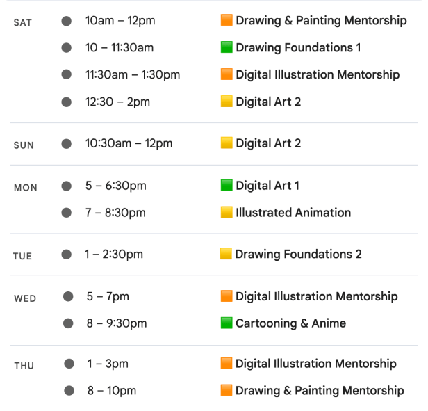 Spring 2026 Weekly Class Schedule
