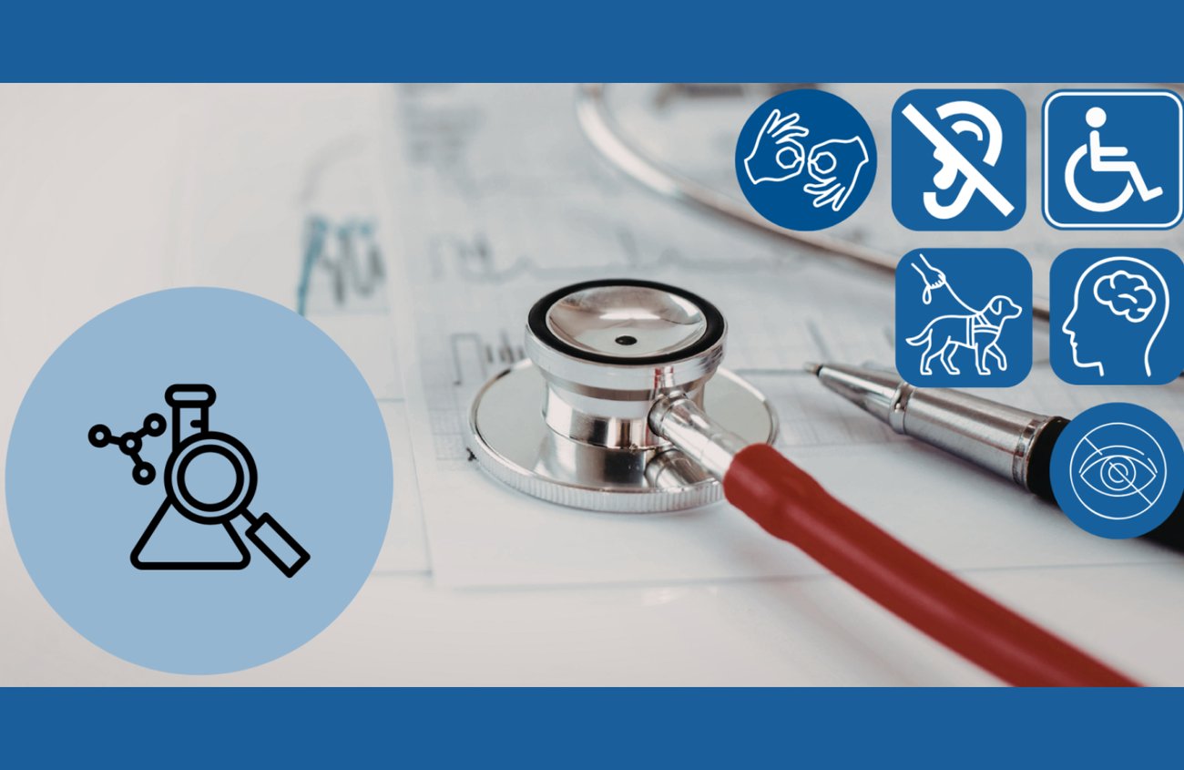 Image of a stethoscope with images related to different disabilities