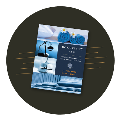 Hospitality Law 5th Edition Cover against a rust brown circular
background