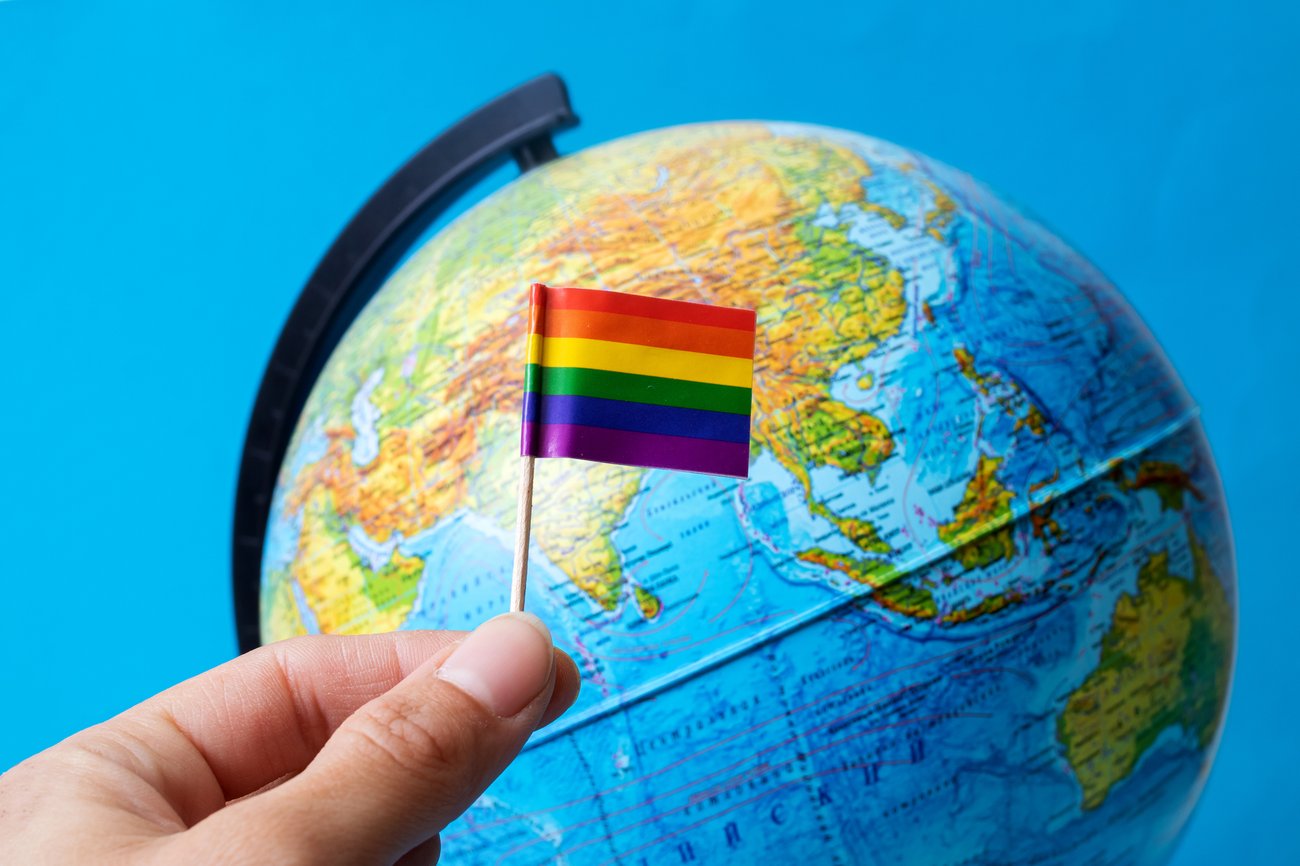 LGBT flag on a background of globe stock photo