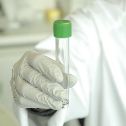 A gloved hand holding up a small test tube for DNA extraction.