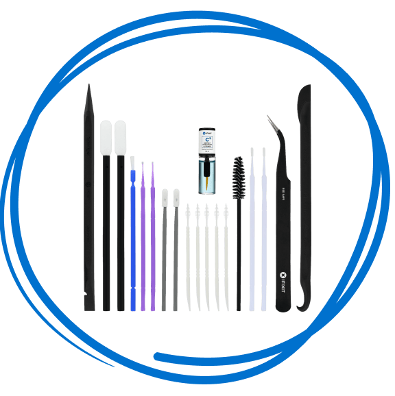 Precision cleaning tools in a hand-drawn blue scribble circle